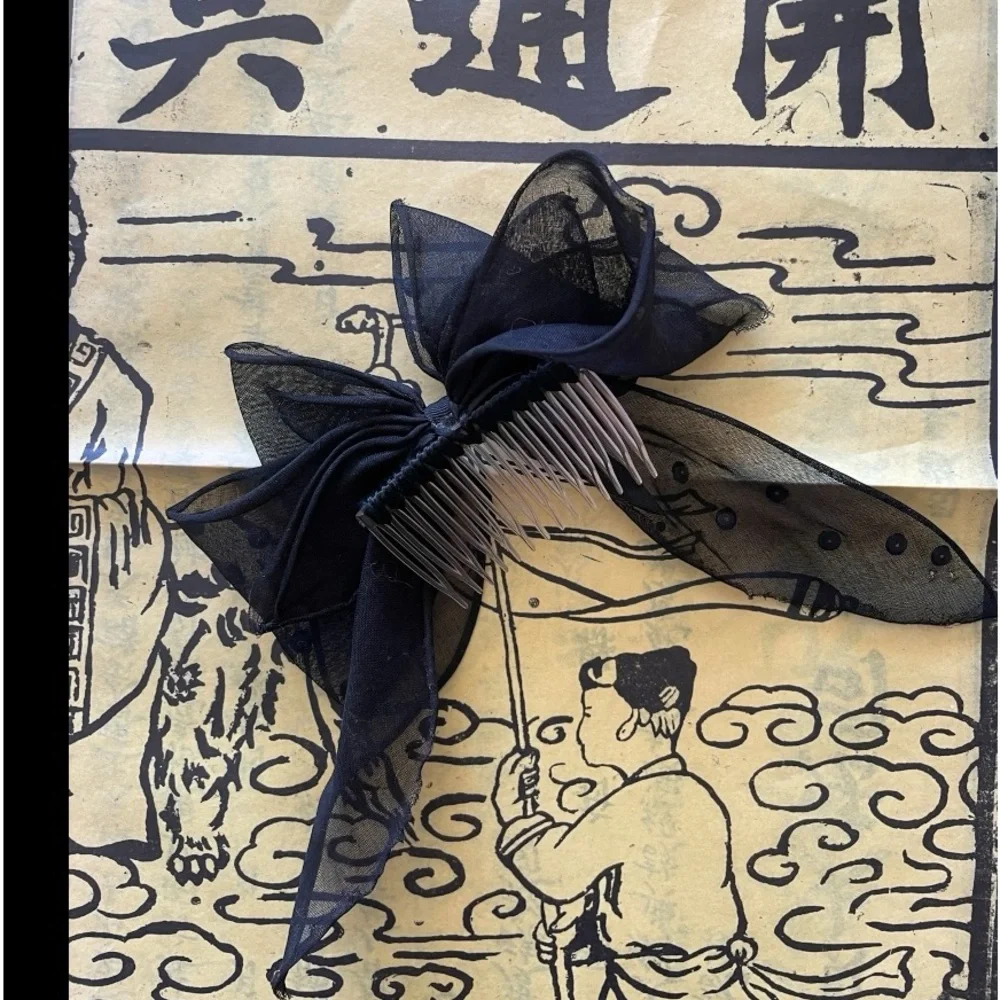 Vintage Chiffon Sequined Black Bow with Comb